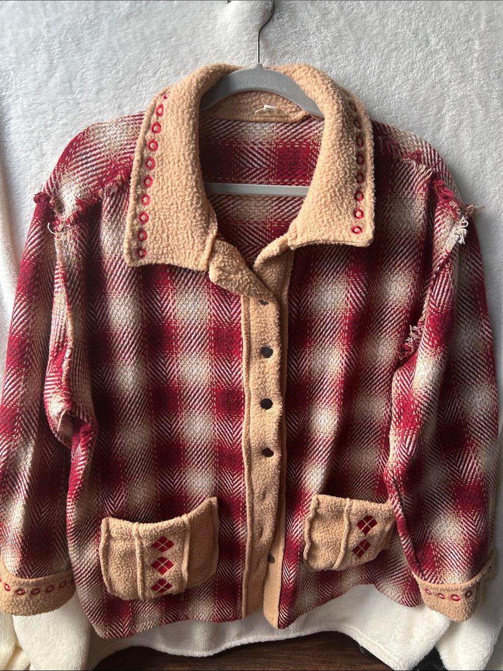 POL oversized Plaid Sherpa-Lined westernJacket with Accent Stitching - Red & Tan